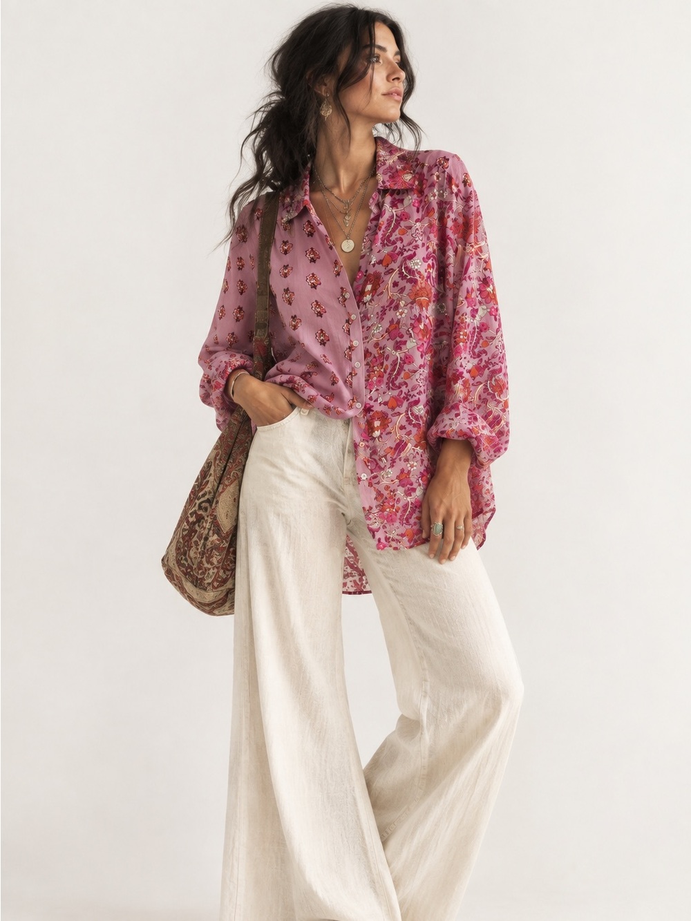 Boho Pink Floral Linen Blend Patchwork Button-Up Blouse